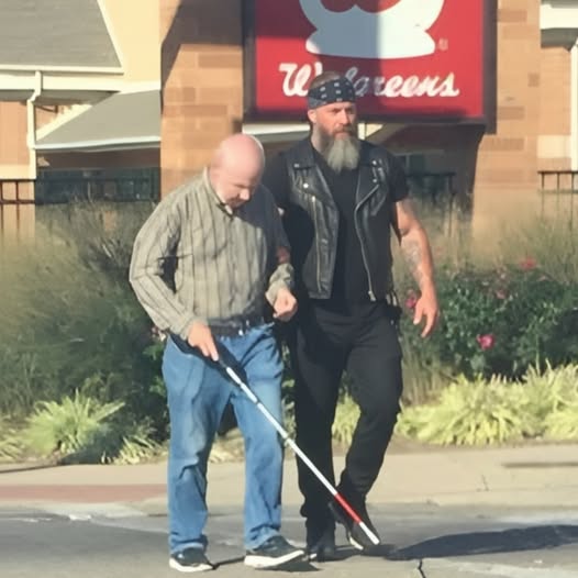 The biker spent every Tuesday walking the blind stranger across the parking lot for eight months before anyone knew why